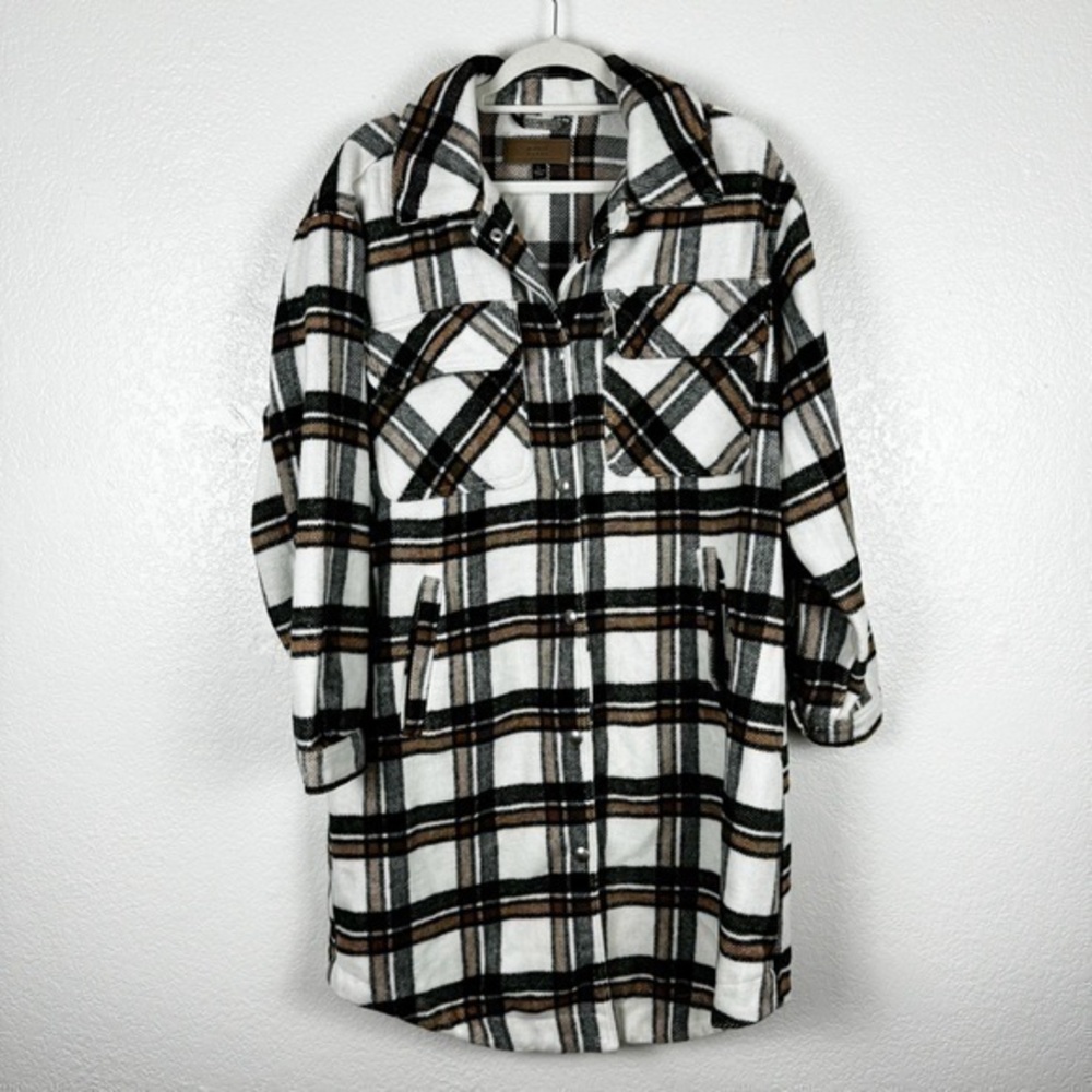 Blank NYC Plaid Button Down Long Shacket Coat White Brown Black Size Large